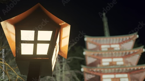 Lanterns light up a serene park scene featuring a striking Chureito Pagoda. The peaceful atmosphere invites visitors to admire the beauty of traditional architecture against the night sky. Japan