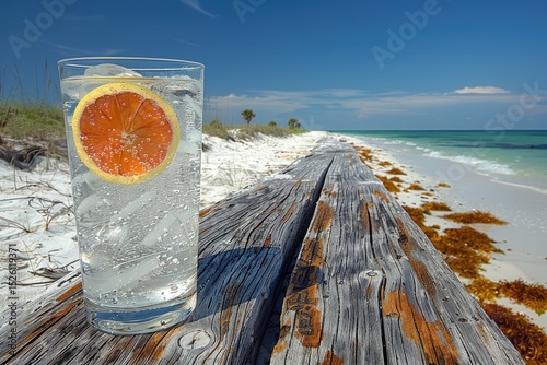 Refreshing beverage on a beach boardwalk.