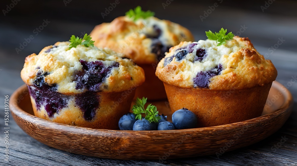 Fototapeta premium Fresh Blueberry Muffins with Herbs on a Wooden Plate