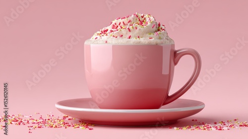Pink cup filled with whipped cream and colorful sprinkles, placed on matching saucer, against a soft pink background, creating a delightful and inviting dessert scene for food enthusiasts and photogra