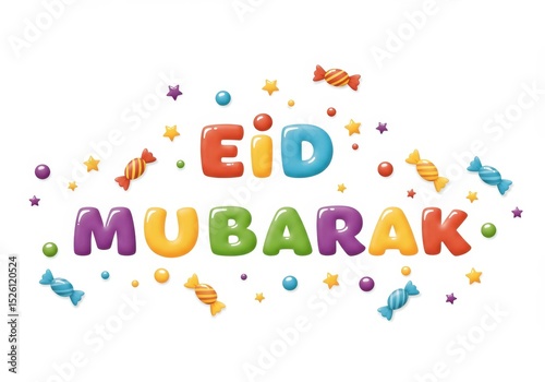 Colorful eid mubarak lettering with candy and stars on white background