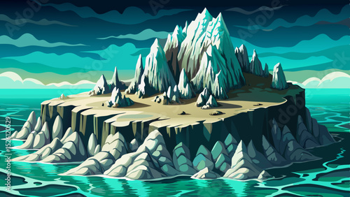 Vector illustration of a remote island with a rugged rocky cliff and clear turquoise water ideal for tropical scenery, travel posters, and summer-themed designs