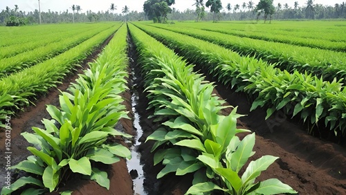 Green agricultural field with neatly arranged crop rows, showing healthy plants growing in rich soil under natural daylight in a rural farming landscape.