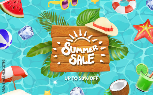Summer Sale with Wooden Sign on water swimming pool surface.. Hello Summer Sale Banner or Poster with Hat, Sunglasses, Watermelon,Ice Cream, Beach umbrella