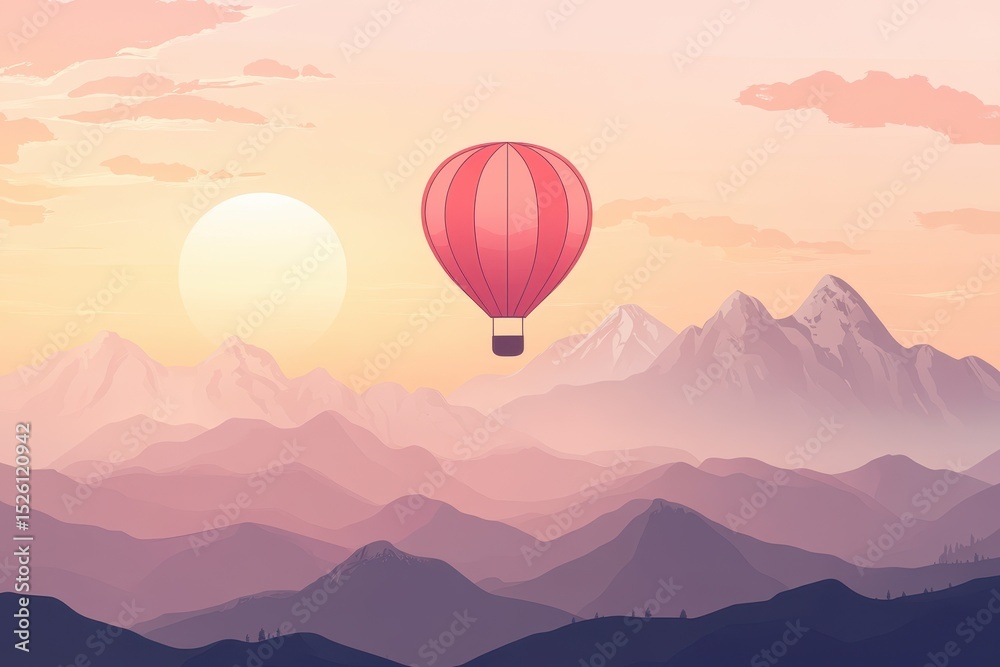 Fototapeta premium Red hot air balloon gracefully ascends over majestic mountain range during sunset, showcasing stunning hues in the sky and captivating landscape
