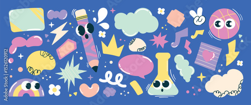 Welcome Back to School funky element vector set. Collection of cartoon characters, cute doodle dawn, Speech bubble, pencil, test tube, post it. Design for education, prints, decorative, kids, sticker.