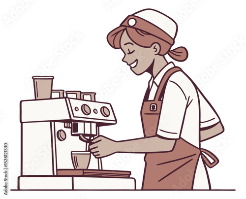vector of a barista preparing espresso at coffee machine, smiling, cafe-style uniform, isolated on white
