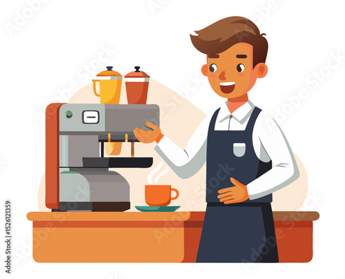 vector of a barista preparing espresso at coffee machine, smiling, cafe-style uniform, isolated on white
