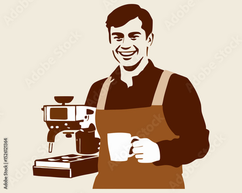 vector of a barista preparing espresso at coffee machine, smiling, cafe-style uniform, isolated on white
