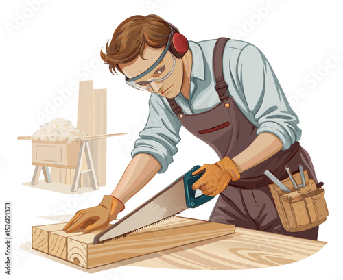 vector of a carpenter cutting wooden board with handsaw, wearing apron and safety glasses, isolated on white
