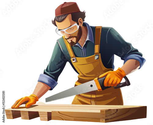 vector of a carpenter cutting wooden board with handsaw, wearing apron and safety glasses, isolated on white
