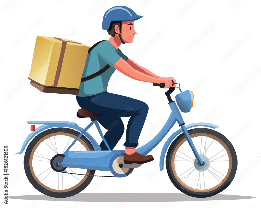 Naklejka premium vector of a delivery rider with backpack box riding a bike, wearing helmet, clean vector on white 