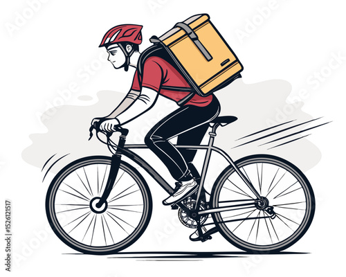 vector of a delivery rider with backpack box riding a bike, wearing helmet, clean vector on white
