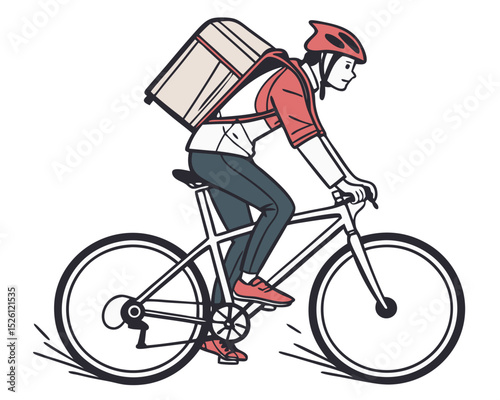 vector of a delivery rider with backpack box riding a bike, wearing helmet, clean vector on white
