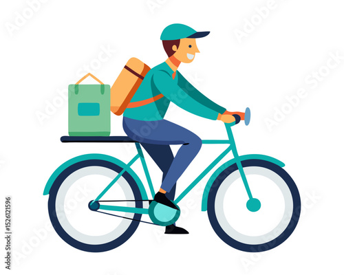 vector of a delivery rider with backpack box riding a bike, wearing helmet, clean vector on white
