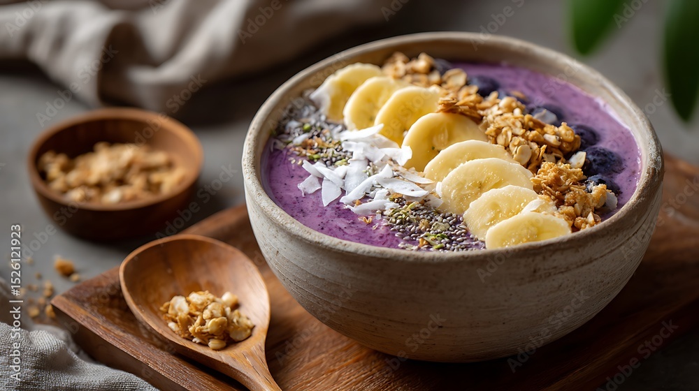 Purple Smoothie Bowl Topped with Banana Slices, Granola, and Coconut Flakes Purple Smoothie Bowl Topped with Banana Slices, Granola, and Coconut Flakes