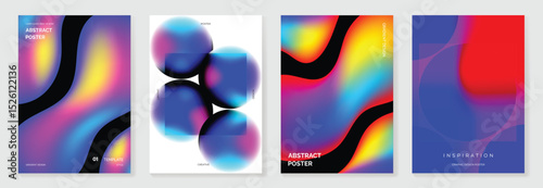 Modern gradient poster background vector set. Cover template with vibrant perspective geometric prism shapes, mountain, moon, sun. Ideal design for social media, cover, banner, flyer.