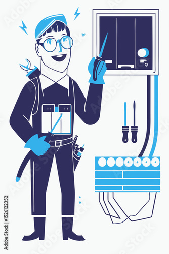 vector of an electrician holding wire cutters and wearing tool belt, electrical panel nearby, white background
