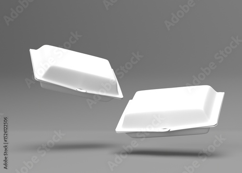 Two Blank White Styrofoam Food Containers Floating on Gray Background - Mockup for Food Packaging