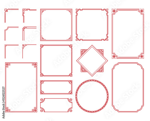 Chinese frame corner ornament vector set. Decorative elements with line, corner, borders, frames, headers. Illustration of elegant design suitable for card, invitation, poster, cover.