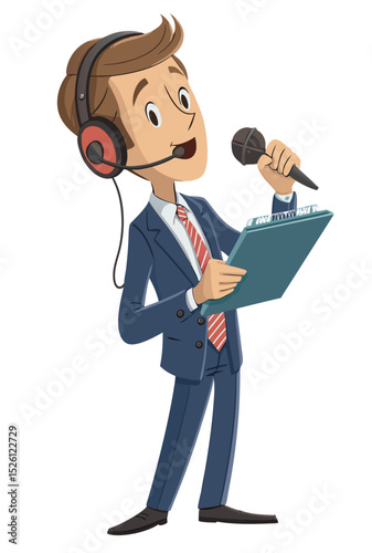 vector of a news anchor or field reporter holding a microphone and notepad, speaking confidently, isolated on white background
