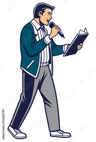 vector of a news anchor or field reporter holding a microphone and notepad, speaking confidently, isolated on white background
