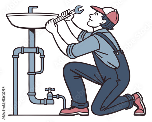 vector of a plumber kneeling under sink with wrench and pipe parts, isolated on white background
