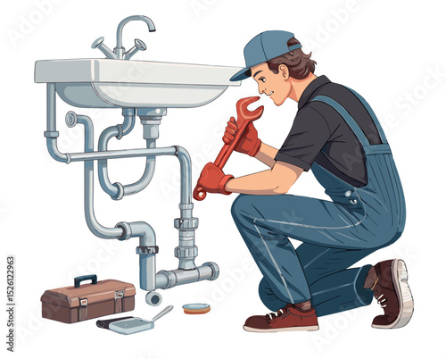 vector of a plumber kneeling under sink with wrench and pipe parts, isolated on white background
