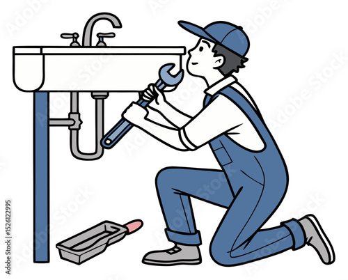 vector of a plumber kneeling under sink with wrench and pipe parts, isolated on white background
