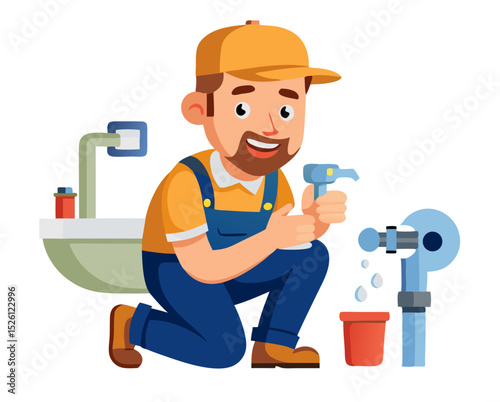 vector of a plumber kneeling under sink with wrench and pipe parts, isolated on white background
