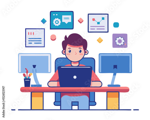 vector of a programmer sitting at desk with dual monitors, coding symbols around, clean style on white background
