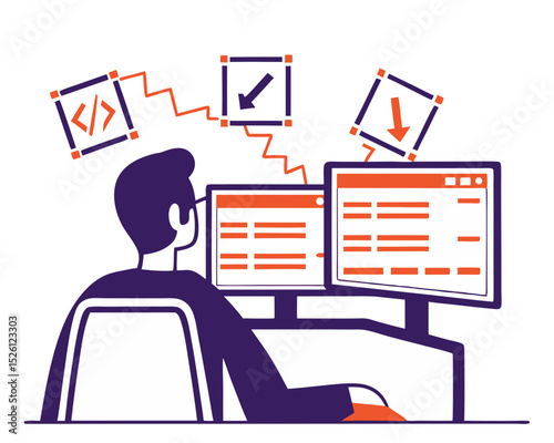 vector of a programmer sitting at desk with dual monitors, coding symbols around, clean style on white background
