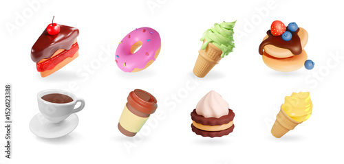 Sweet food 3d icon. Coffee cup, take away and cappuccino. Cookies, sweet cake desserts, pancake with chocolate and donut Bakery shop vector set