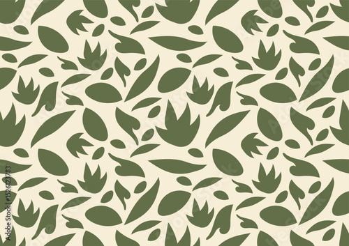 Hand-drawn green leaves on a beige background. Seamless pattern is plant for clothing, fabric, wallpaper, backdrop, home decoration, cover book, and wall art. Vintage style.