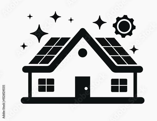 A clean and simple black glyph icon of a house with solar panels, representing renewable energy, eco-friendly living, and smart home technology for company logos.
