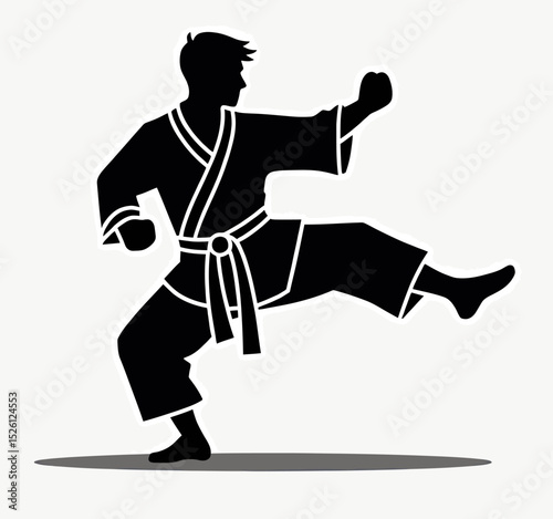 A dynamic black silhouette of a karate fighter executing a powerful side kick, a strong and modern vector graphic for combat sports logos and branding.
