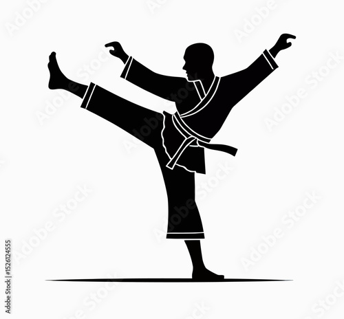 A clean and minimalist black silhouette of a martial artist performing a front kick, a simple and powerful vector icon for dojo branding or fitness apps.
