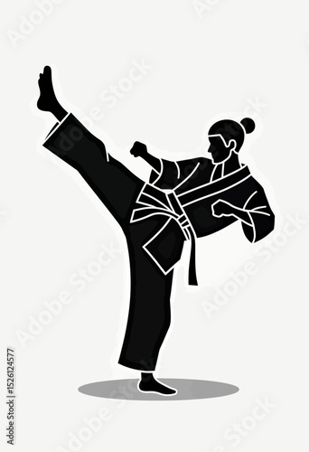 A powerful and elegant silhouette of a female martial artist executing a high kick, a dynamic vector illustration for dojo logos or women's self-defense programs.

