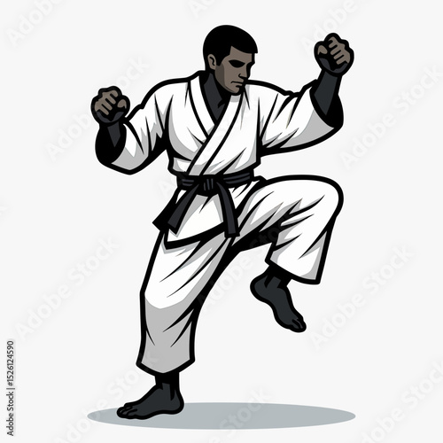 A powerful vector mascot of a martial artist in a white gi and black belt, executing a dynamic fighting stance, perfect for dojo logos or sports branding.
