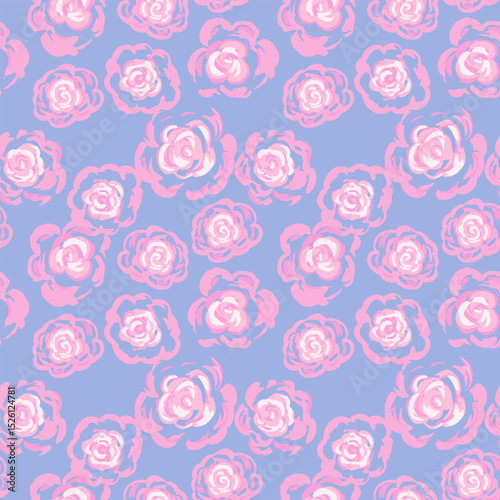 Seamless vector floral pattern with hand-drawn pink abstract roses on a pastel blue background. Bold and romantic design perfect for fabric, wallpaper, packaging, and surface prints