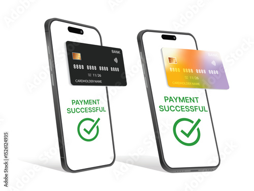 3D Vector Realistic Smartphone with Credit Card, NFC Contactless Payment, Payment Successful, Online Shopping, POS Terminal Mockup