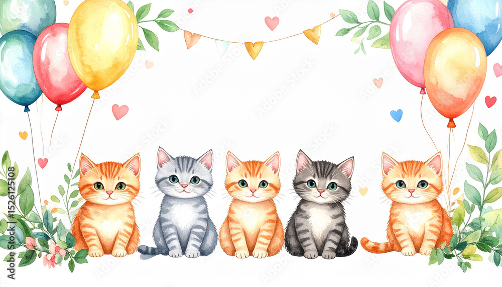 Fototapeta premium Party Cats: Adorable kittens gather joyfully, surrounded by colorful balloons and festive decorations, celebrating with an infectious spirit of happiness and playful delight.