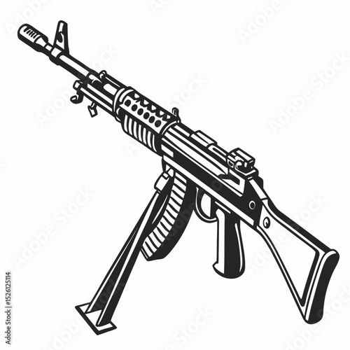 Machine Gun Illustration Detailed Drawing of a Military Weapon