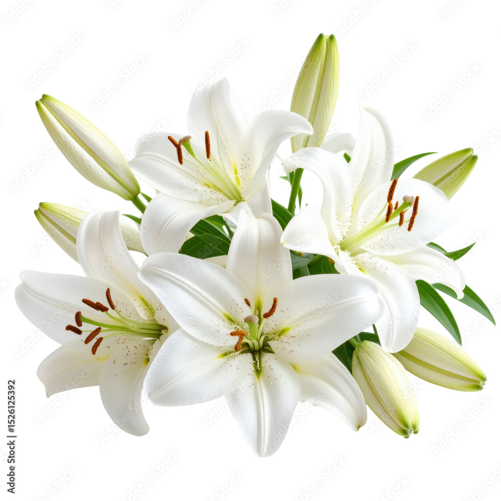 A bouquet of elegant white lilies with several fully bloomed flowers and unopened buds, showcasing their delicate petals and vibrant green leaves on a white background A bouquet of elegant white lilies with several fully bloomed flowers and unopened buds, showcasing their delicate petals and vibrant green leaves on a white background