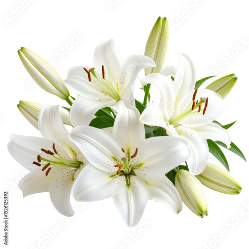 A bouquet of elegant white lilies with several fully bloomed flowers and unopened buds, showcasing their delicate petals and vibrant green leaves on a white background photo