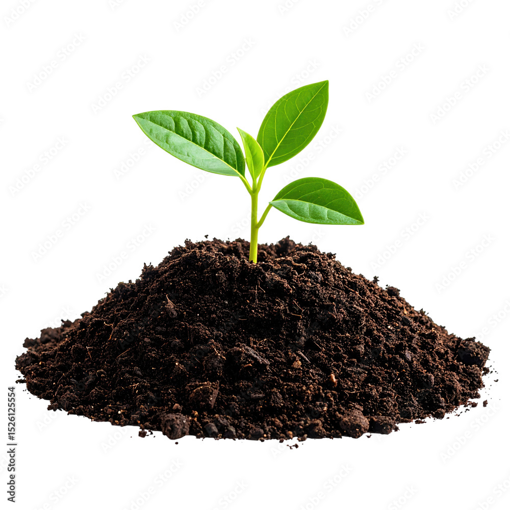 Young green plant sprouting from a mound of rich, dark soil on a white background, symbolizing growth and new beginnings Young green plant sprouting from a mound of rich, dark soil on a white background, symbolizing growth and new beginnings