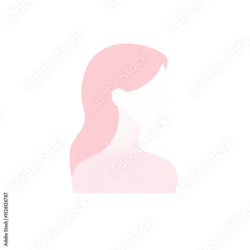 Minimalistic pink silhouette of a female bust with long hair, facing right, set against a white background with soft shadows