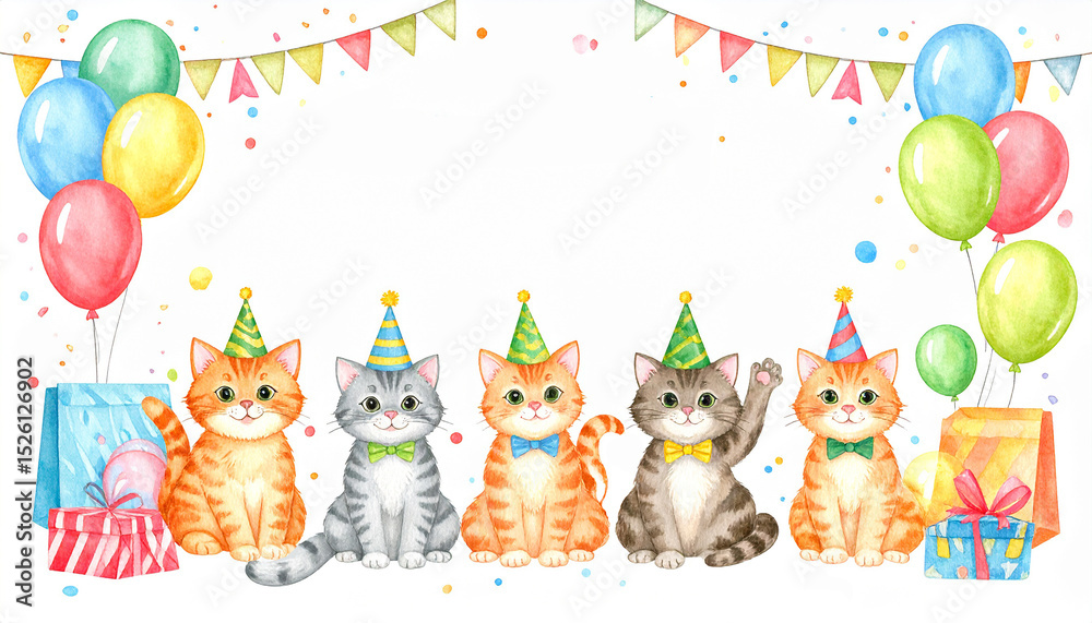 Party Cats: A cheerful gathering of adorable cats celebrates with party hats, colorful balloons, and gift-wrapped presents, evoking a feeling of festive cheer. Party Cats: A cheerful gathering of adorable cats celebrates with party hats, colorful balloons, and gift-wrapped presents, evoking a feeling of festive cheer.