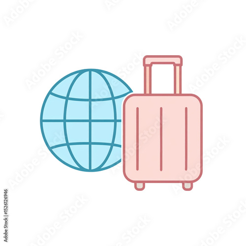 Blue globe icon next to a pink rolling suitcase, symbolizing global travel and tourism on a white background photo