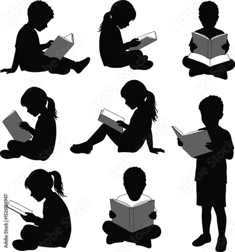 Silhouettes of young children attentively reading books in various seated and standing postures vector